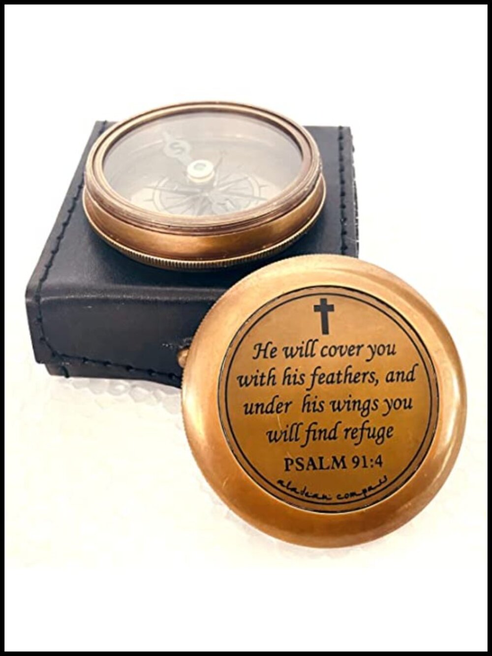 Brass Compass Leather Case Engraved Psalm 32:8 Religious Christian Gift